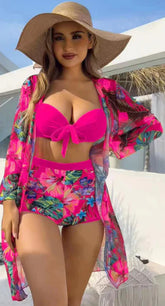 PINK BIKINI WITH TROPICAL SHORTS AND SARONG