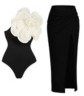 White Flower Black swimwear with Sarong