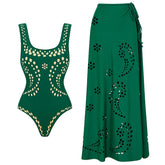 Beachdiva - Green Laser Cut Swimsuit with Sarong Skirt