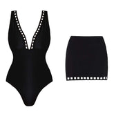 Black V neck laser cut swimwear with Skirt
