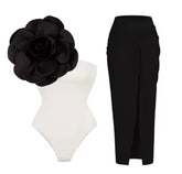 Black Flower White Swimear with Black Sarong