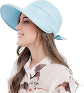 Light Blue Large Brim Sun Hat Summer UV Protection for beach Thin Hat 2 in 1 Beach Sun Hat