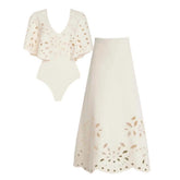 Beachdiva's White Laser Cut Swimwear with Sarong Skirt