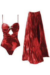 Beachdiva's Premium_starfish_Red Swimwear with Sarong Skirt