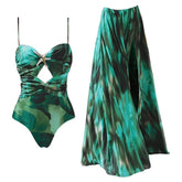 Beachdiva's Premium_starfish_Green Swimwear with Sarong Skirt