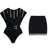 Black laser cut Shoulder covered Swimwear with Skirt