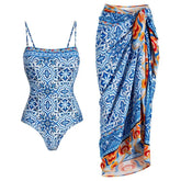 Beachdiva - Premium Blue and White Swimwear with Sarong
