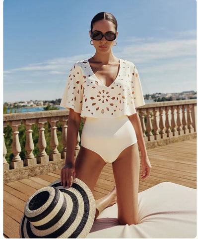 Beachdiva's White Laser Cut Swimwear with Sarong Skirt