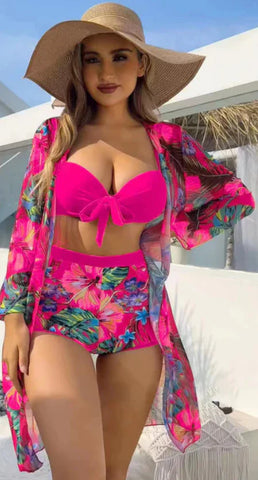 PINK BIKINI WITH TROPICAL SHORTS AND SARONG