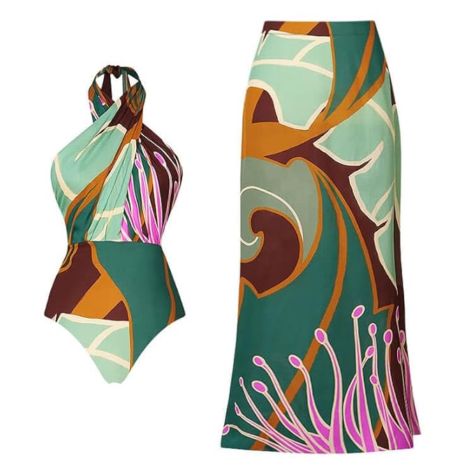 Beachdiva - Multicoloured Abstract Print Swimwear with Super Stylish Skirt