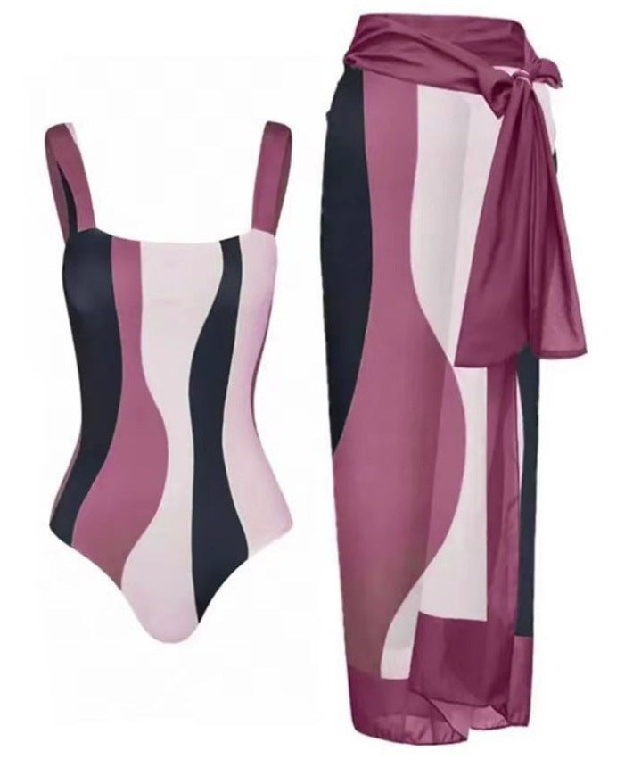 Stripe Purple Swimwear with Sarong