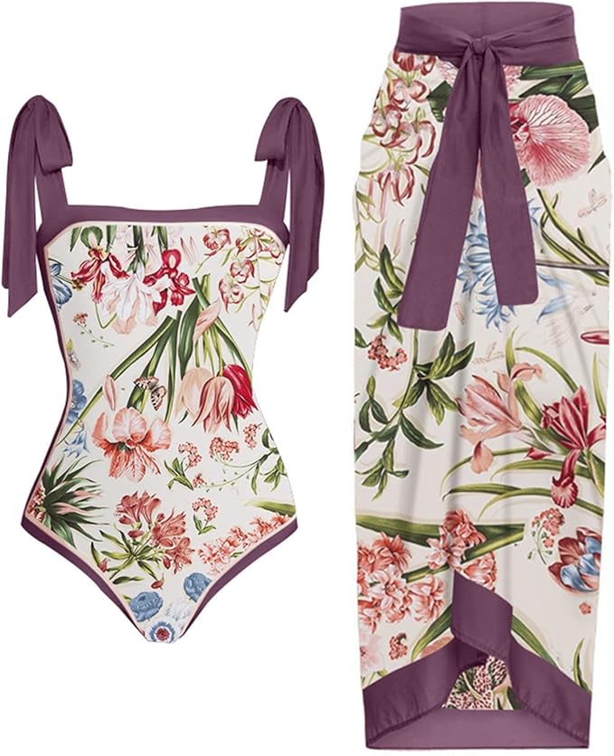 Purple Flower Print Swimwear with Sarong