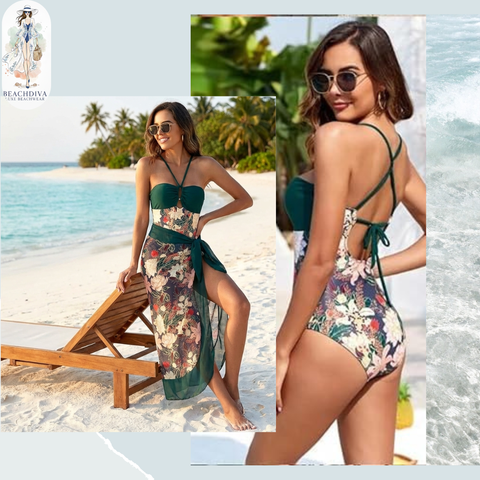 Green Flower Swimwear with Sarong