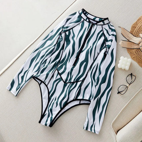 Stripe  Swimsuit With Front ZIP
