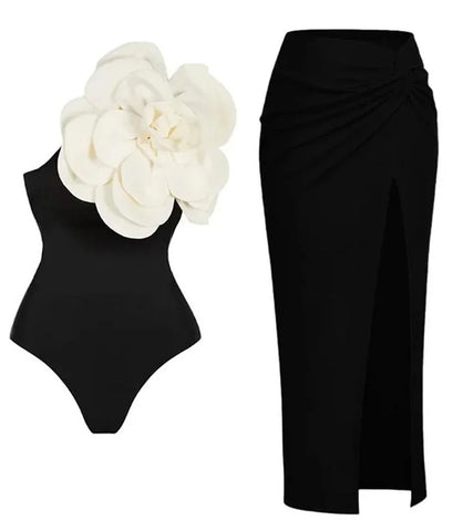 White Flower Black swimwear with Sarong