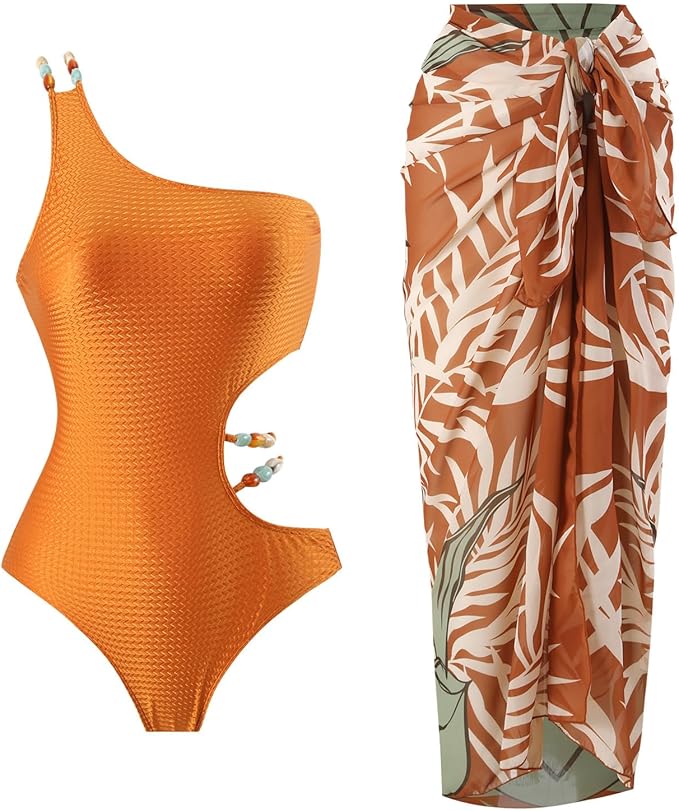 Orange Side Cut Monokini with Sarong