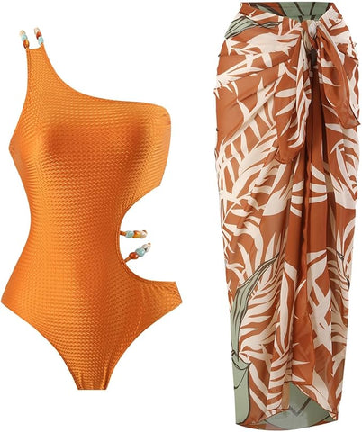 Orange Side Cut Monokini with Sarong