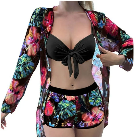 BLACK BIKINI WITH TROPICAL SHORTS AND SARONG