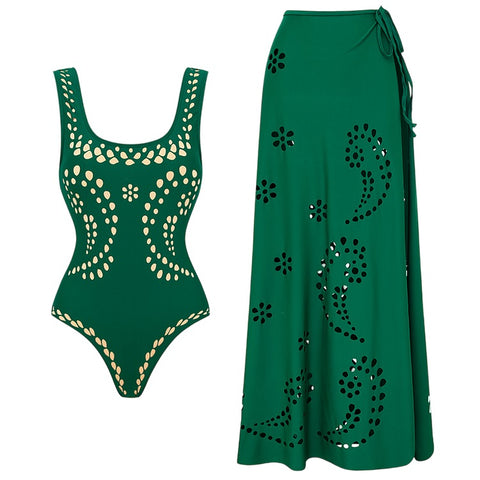 Beachdiva - Green Laser Cut Swimsuit with Sarong Skirt