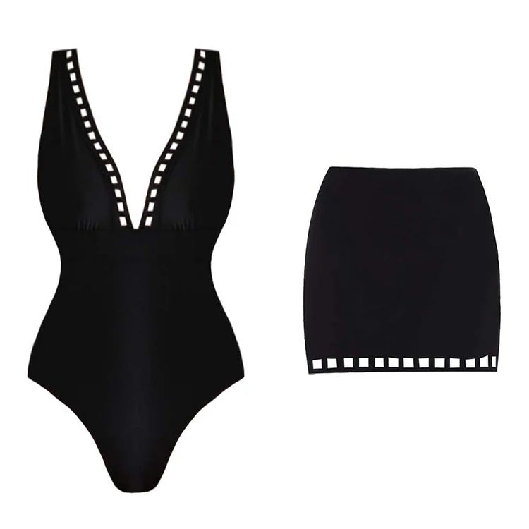 Black V neck laser cut swimwear with Skirt