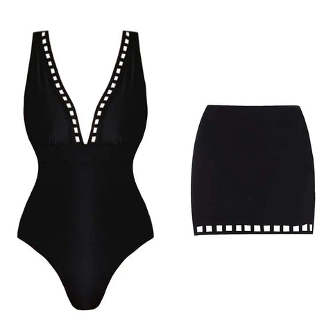 Black V neck laser cut swimwear with Skirt