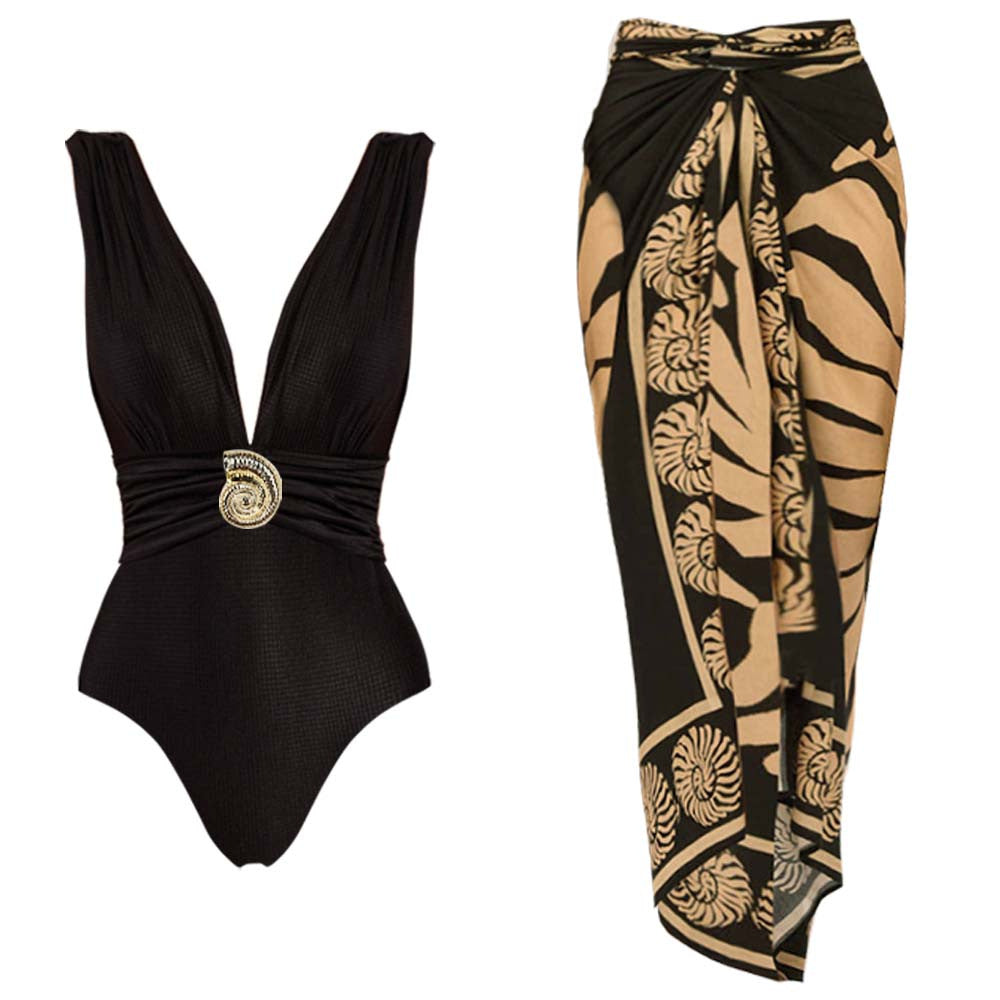 Black Shell Monokini With Sarong