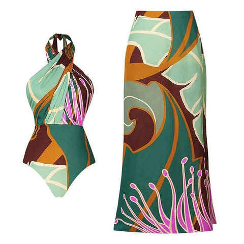 Beachdiva - Multicoloured Abstract Print Swimwear with Super Stylish Skirt