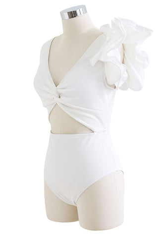 White Ruffle sleeve cutout Swimwear