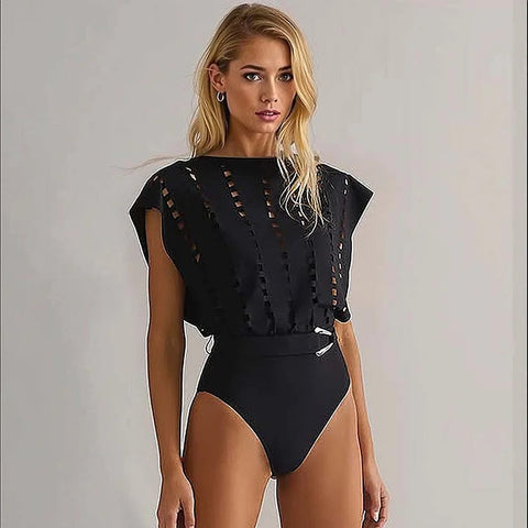Black laser cut Shoulder covered Swimwear with Skirt