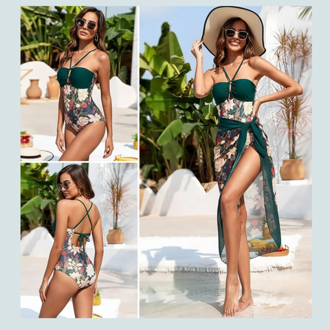 Green Flower Swimwear with Sarong
