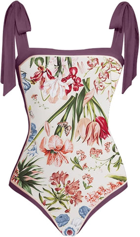 Purple Flower Print Swimwear with Sarong