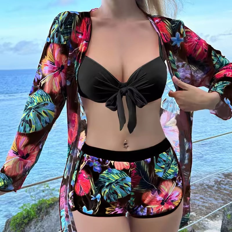 BLACK BIKINI WITH TROPICAL SHORTS AND SARONG