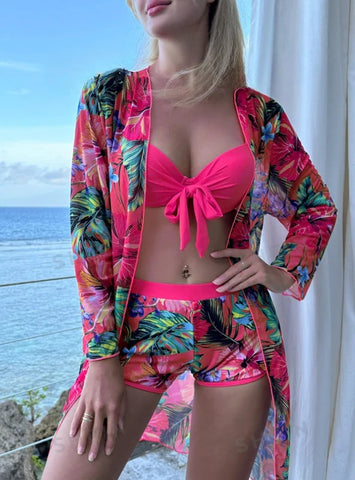 PINK BIKINI WITH TROPICAL SHORTS AND SARONG