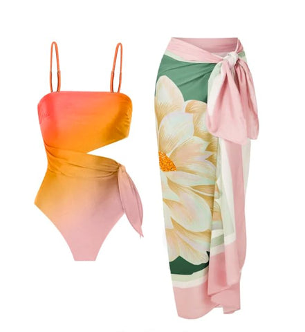 Orange cut out out Swimear with Sarong