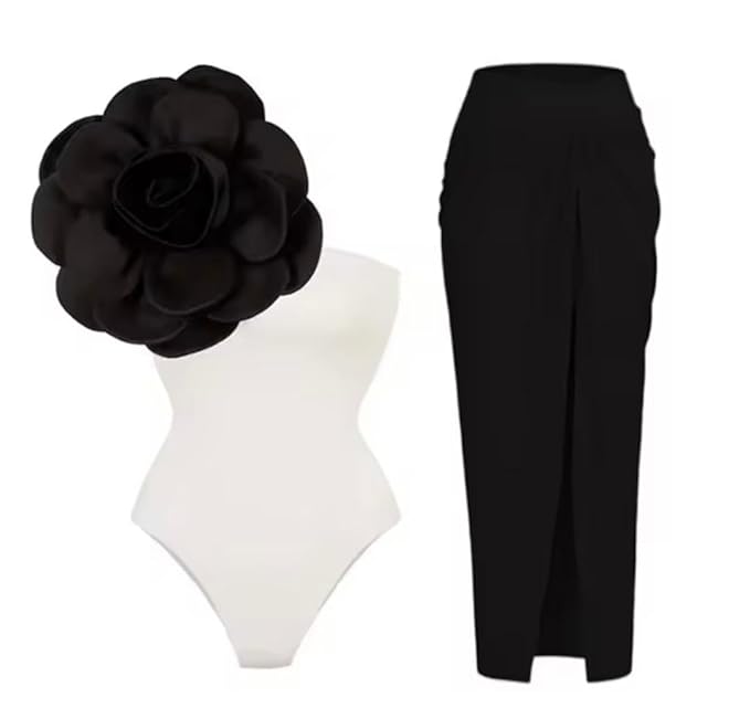 Black Flower White Swimear with Black Sarong