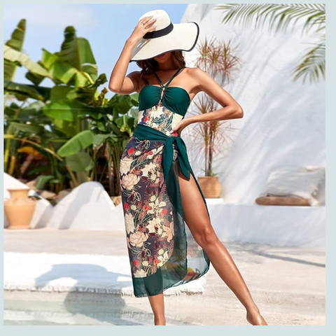 Green Flower Swimwear with Sarong