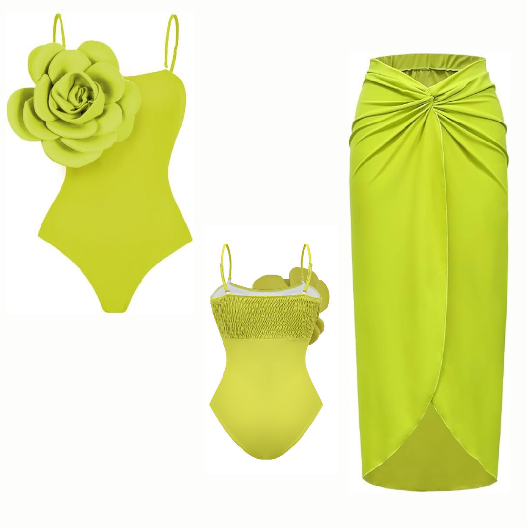 Neon Green Flower Monokini with sarong