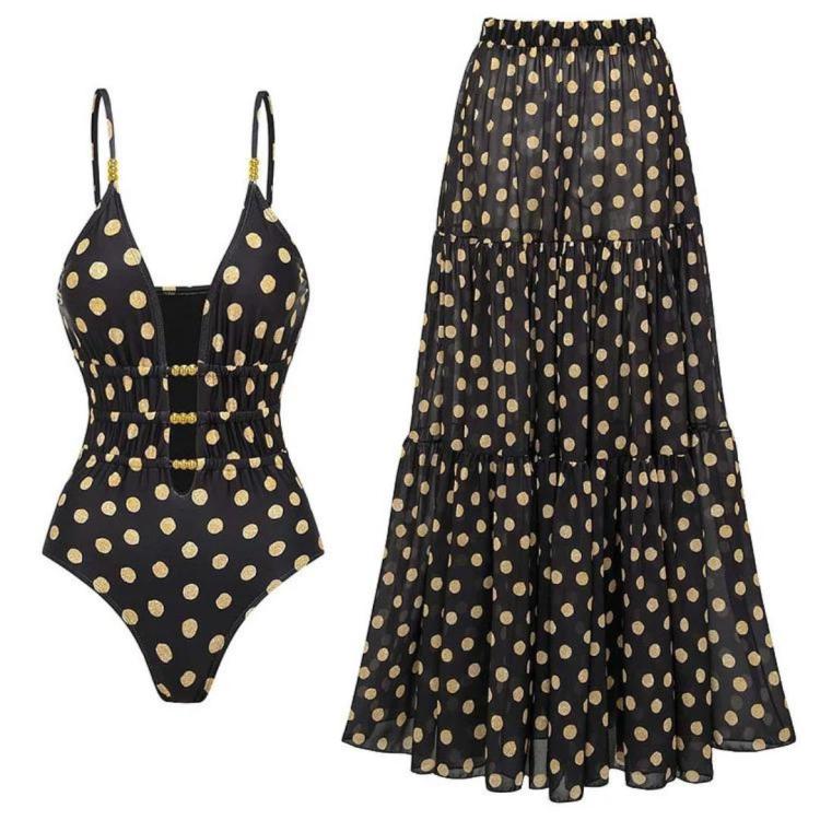 Black Goldern Polka dot Monokini with Skirt