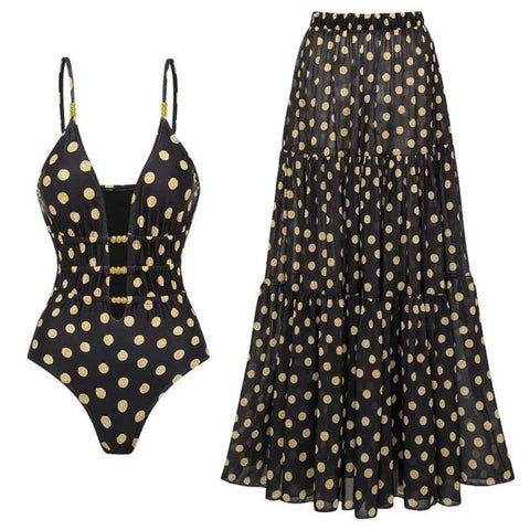Black Goldern Polka dot Monokini with Skirt