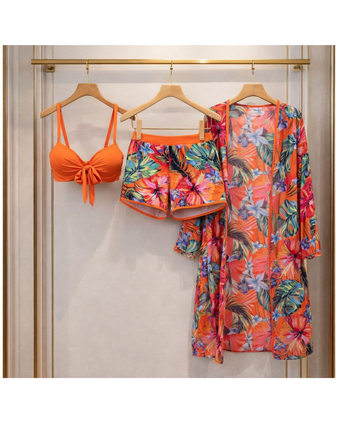 Orange BIKINI WITH TROPICAL SHORTS AND SARONG