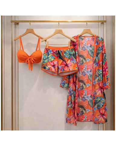 Orange BIKINI WITH TROPICAL SHORTS AND SARONG