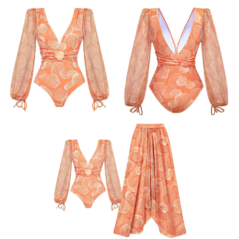 Orange net Swimwear with Skirt