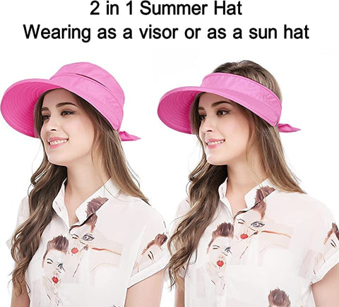 Dark Pink Wide Large Brim Sun Hat Summer UV Protection for beach Thin Hat 2 in 1 Beach Sun Hat