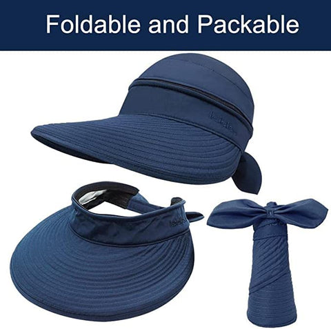 Dark Blue  Wide Large Brim Sun Hat Summer UV Protection for beach Thin Hat 2 in 1 Beach Sun Hat