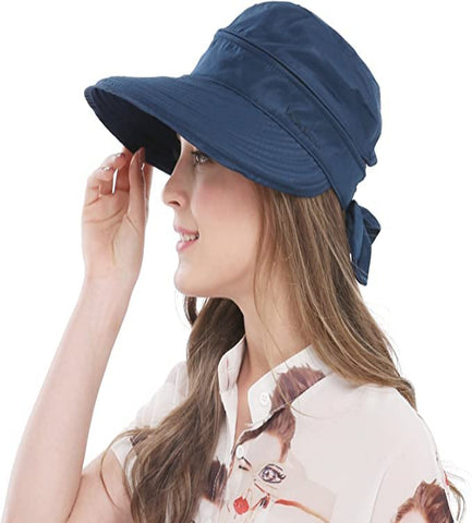 Dark Blue  Wide Large Brim Sun Hat Summer UV Protection for beach Thin Hat 2 in 1 Beach Sun Hat