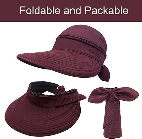 Maroon  Wide Large Brim Sun Hat Summer UV Protection for beach Thin Hat 2 in 1 Beach Sun Hat