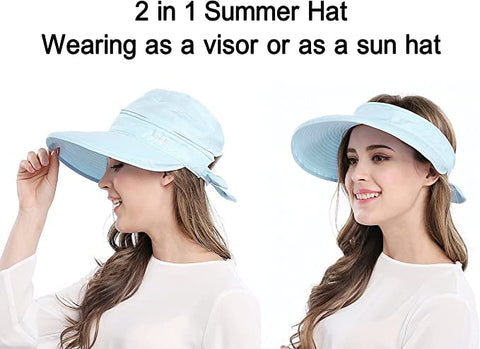 Light Blue Large Brim Sun Hat Summer UV Protection for beach Thin Hat 2 in 1 Beach Sun Hat