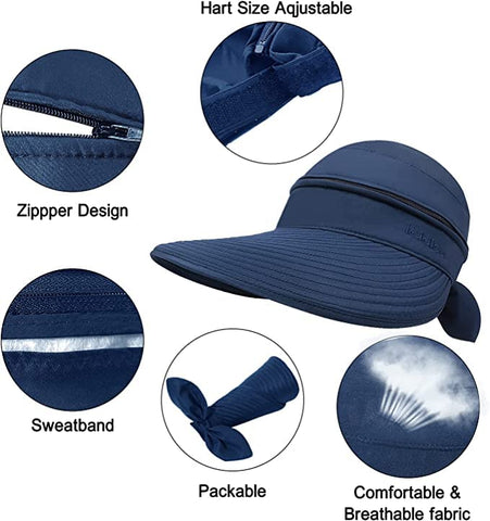 Dark Blue  Wide Large Brim Sun Hat Summer UV Protection for beach Thin Hat 2 in 1 Beach Sun Hat