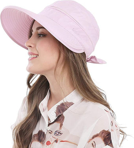 Light Pink Large Brim Sun Hat Summer UV Protection for beach Thin Hat 2 in 1 Beach Sun Hat
