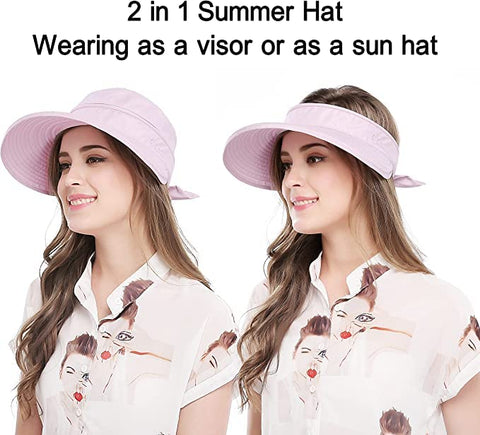 Light Pink Large Brim Sun Hat Summer UV Protection for beach Thin Hat 2 in 1 Beach Sun Hat